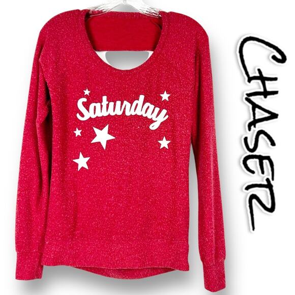 Chaser Saturday Red White Graphic Open Back Long Sleeve Top Womens Size XS - Picture 1 of 12